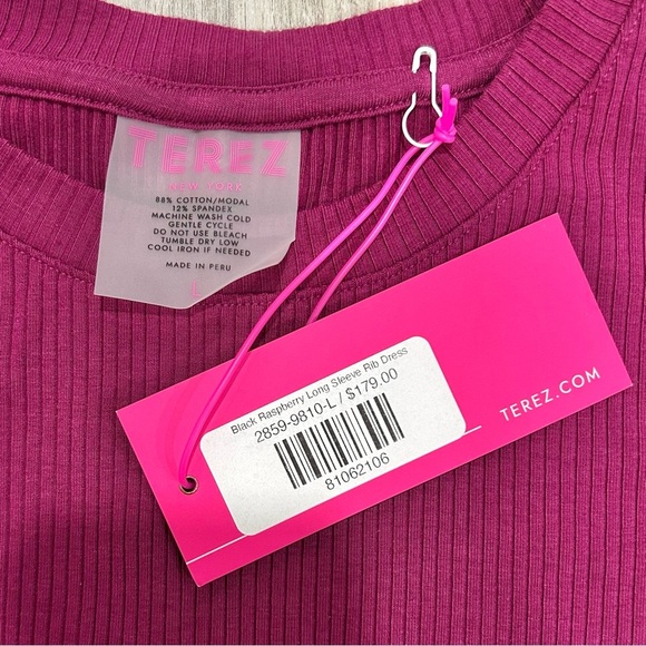 NWT Terez Long Sleeve Ribbed Bodycon High Neck Midi Dress Raspberry Pink Size L - Picture 3 of 6
